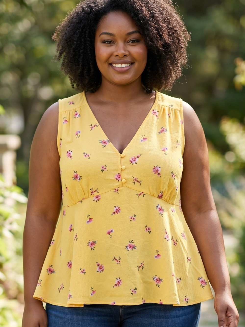 Zenobia Yellow Floral V-Neck Sleeveless Peplum Top
